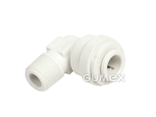 L-uhlová spojka 90° JOHN GUEST, pre trubku 1/4", vonkajší závit NPTF 1/8", 10bar, o-krúžok EPDM, PP, +20°C, biela